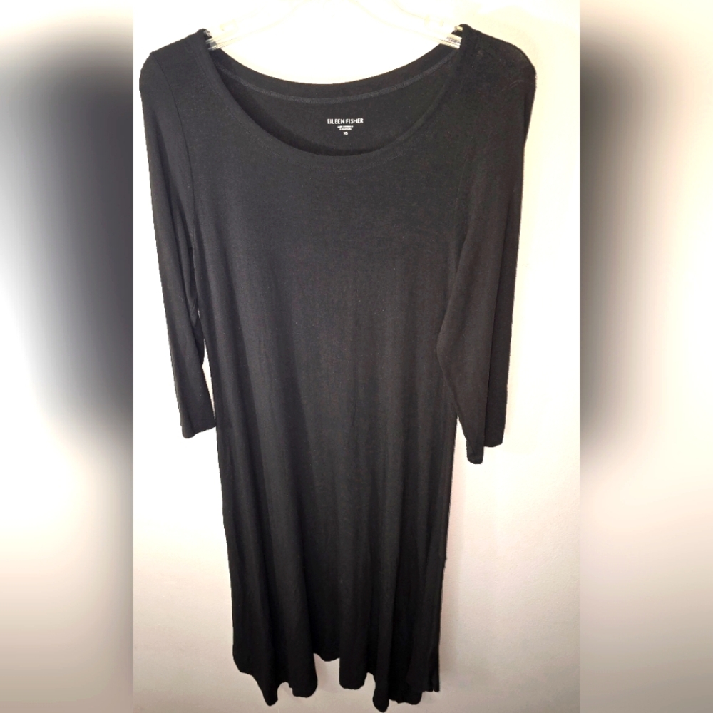 Eileen Fisher black maxi, 3/4 sleeve, light, stretchy, asymmetric hem dress XS